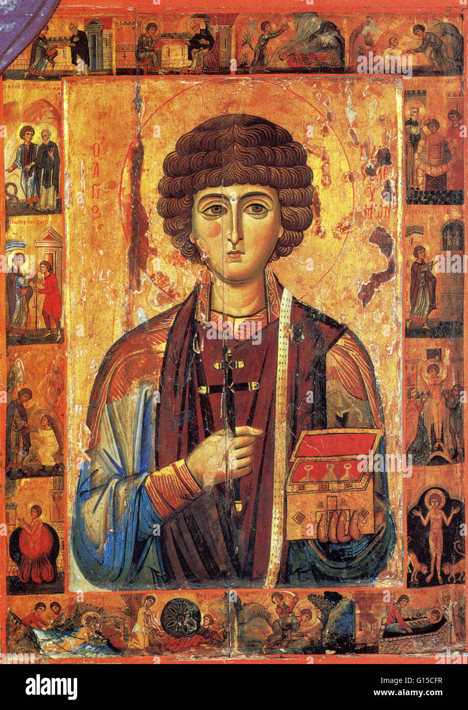Circondato da scene tratte dalla sua vita, San Pantaleone (c. 275-303) detiene una croce e una scatola di medicina, simboli del suo potere di guarire i malati con guarigioni miracolose. Anche se esistono prove che suggeriscono che un martire chiamato Pantaleon esisteva, le storie circa la sua vita ar Foto Stock