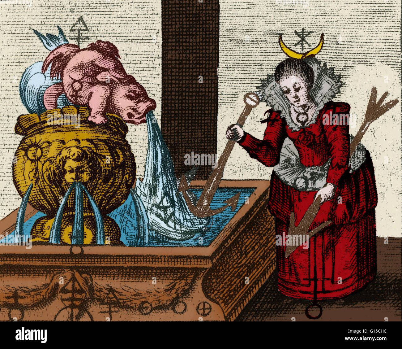 Una illustrazione di un trattato alchemico dal 1674. L'alchimia è stata la pseudo-scientifici predecessore di chimica. Tra gli altri inseguimenti, alchimisti ricerca per formule che potrebbero trasformare i metalli di base in oro. Hanno cercato la saggezza e il segreto di immortali Foto Stock