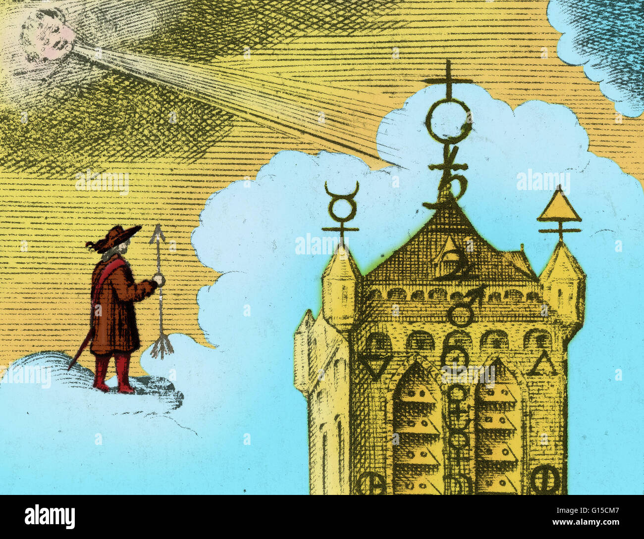 Una illustrazione di un trattato alchemico dal 1674. L'alchimia è stata la pseudo-scientifici predecessore di chimica. Tra gli altri inseguimenti, alchimisti ricerca per formule che potrebbero trasformare i metalli di base in oro. Hanno cercato la saggezza e il segreto di immortali Foto Stock