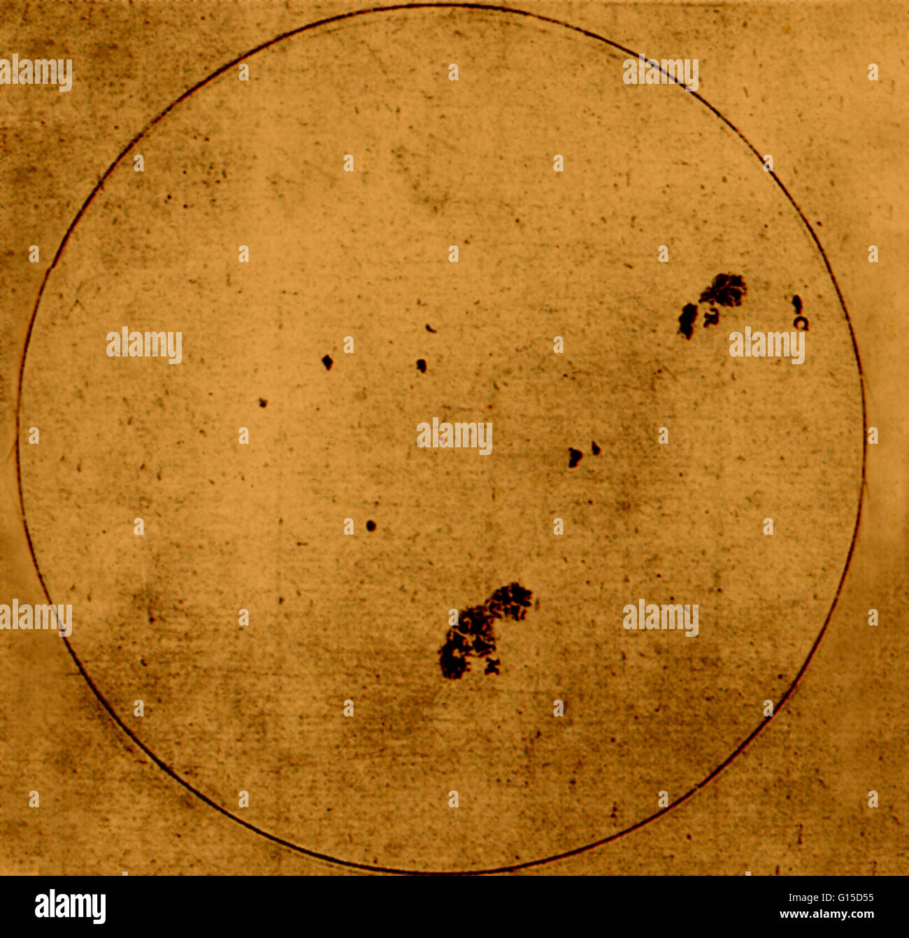 Illustrazione delle macchie solari di Galileo 1613 prenota su sun. Galileo Galilei (Febbraio 15, 1564 - 8 gennaio 1642) era un fisico italiano, matematico, astronomo e filosofo. Foto Stock