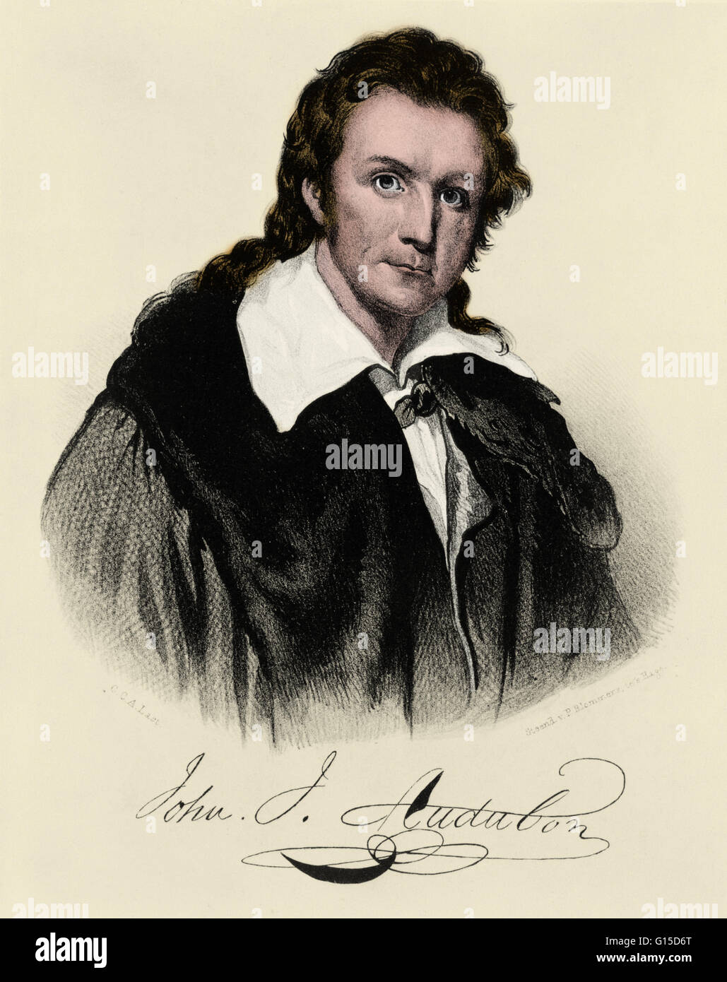 John James Audubon. Questa rara incisione di C. Turner, A.R.A è stato copiato dalla miniatura dipinta da Federico Cruickshank, circa 1831. Pubblicato per l'incisore da Robert Havell, Londra, 1835. John James Audubon (Jean-Jacques Audubon) (1785-1851) era un Foto Stock