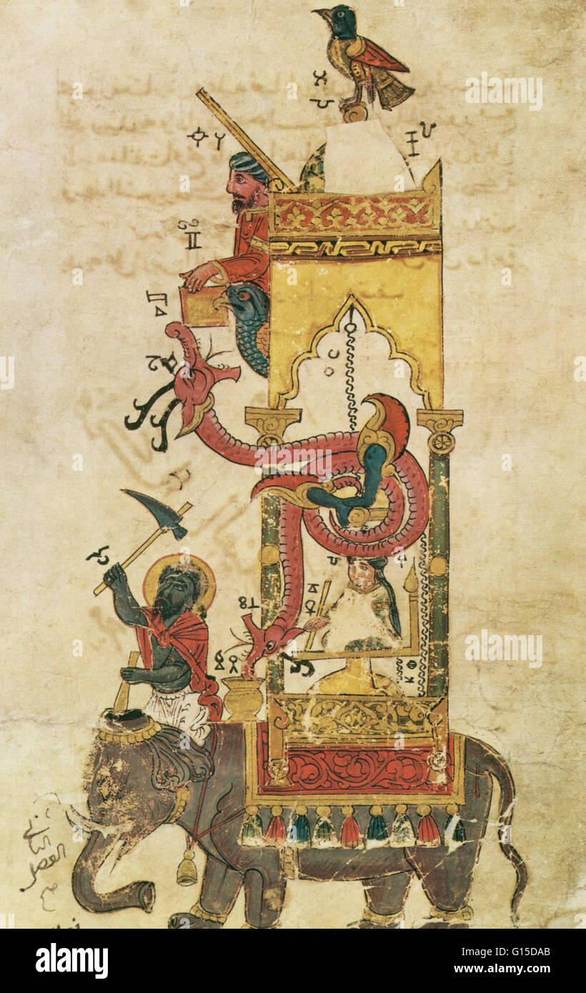 Una foglia da 'Il Libro della Conoscenza ingegnoso di dispositivi meccanici' da Badi al Zaman ibn al Razzaz al-Jazari, mostrando un orologio di elefante. Il manoscritto, noto come "Automata di al-Jazari,' descrive 50 dispositivi in 6 sezioni, di cui la prima è c Foto Stock