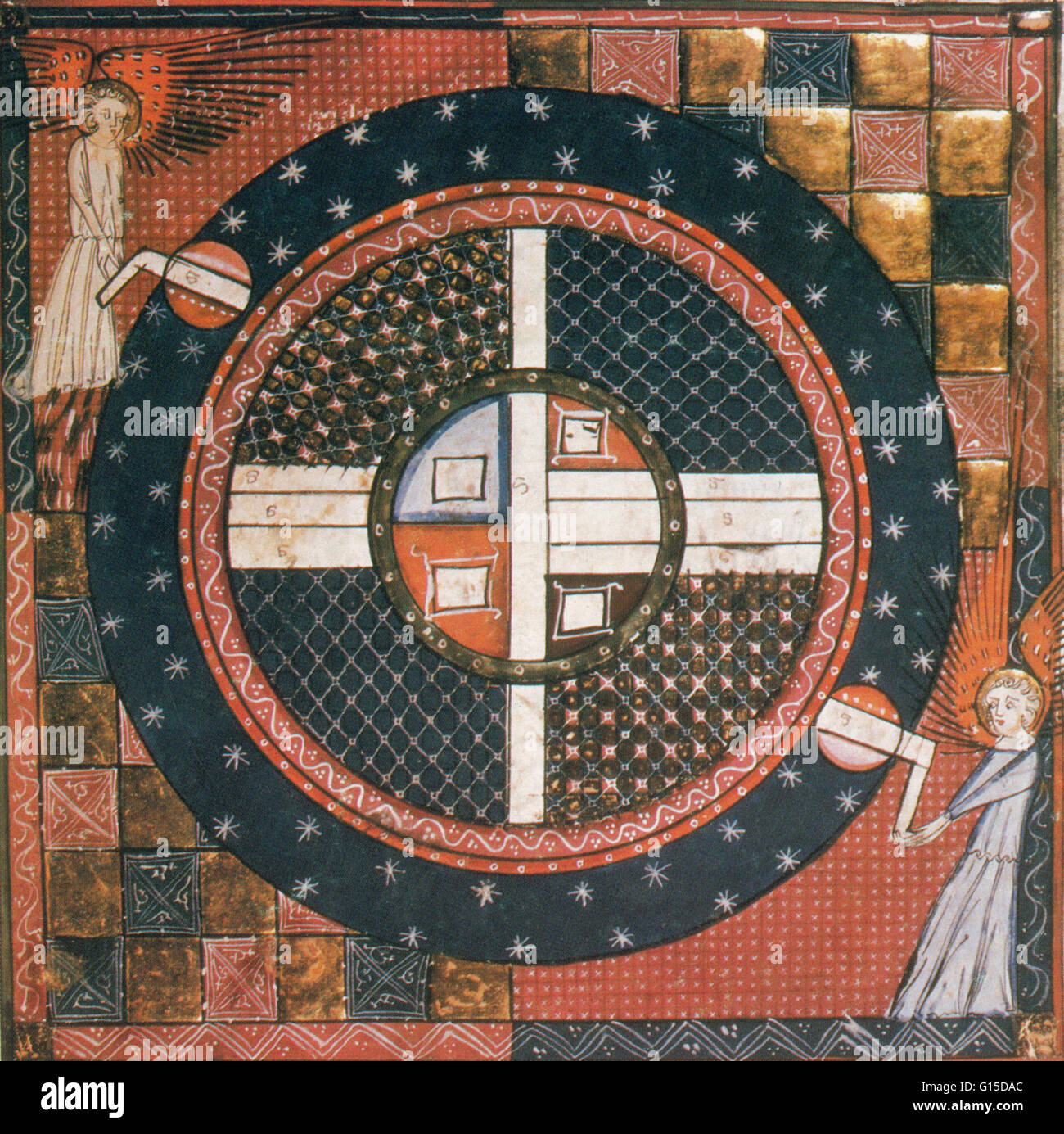 Gli angeli celesti di manovella ingranaggio planetario di attivazione sfere. Manoscritto provenzale, 1300s. Foto Stock