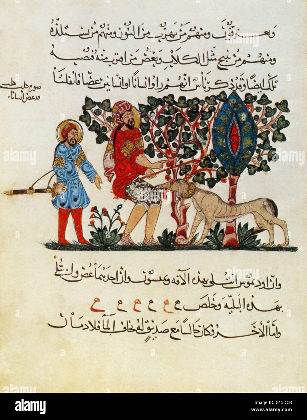 Pagina da un 1224 edizione in lingua araba del 'De Materia Medica" da parte del medico greco farmacologo e botanico Pedanius Dioscoride (40 - 90 AD). L'illustrazione raffigura un rabbioso cane morde un uomo. Dioscoride servito nell'esercito romano sotto l'imperatore Nerone. Come Foto Stock