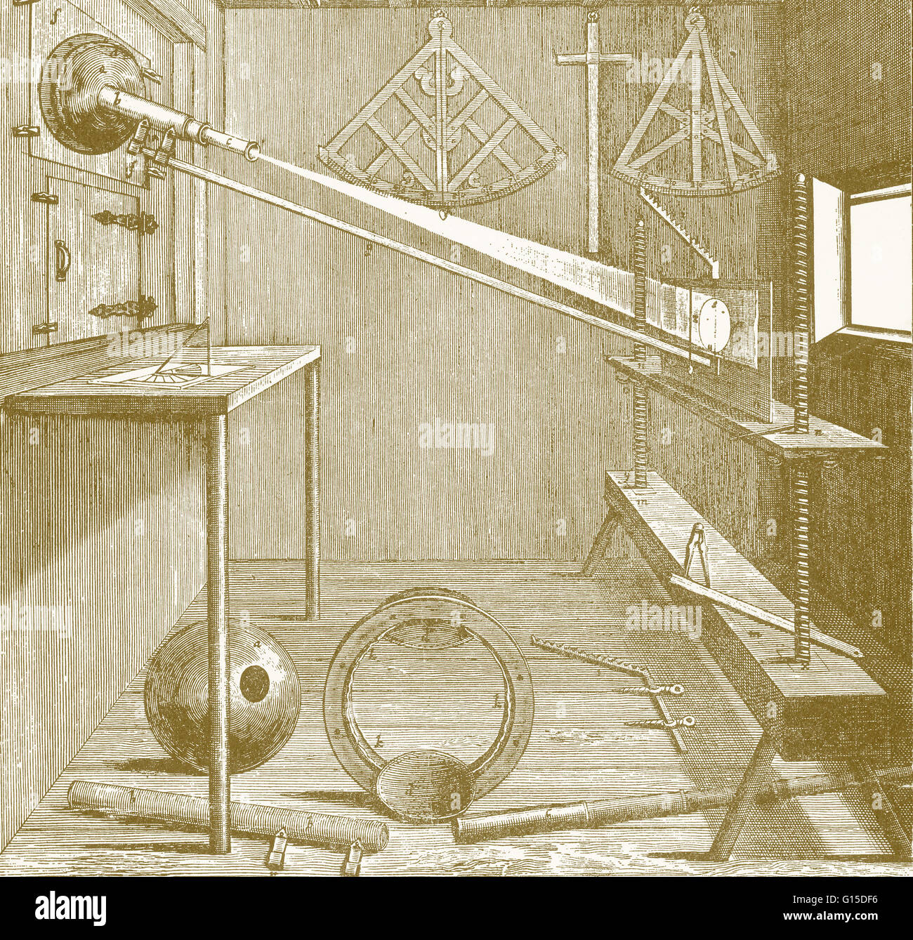 Apparecchiatura di Johannes Hevelius (circa 1640), usato per studiare il sole. Hevelius, un astronomo tedesco, è stato anche osservato per la sua mappa della Luna e il suo catalogo stellare. Il suo lavoro è stato tipico della rivoluzione astronomica del xvii secolo. Foto Stock