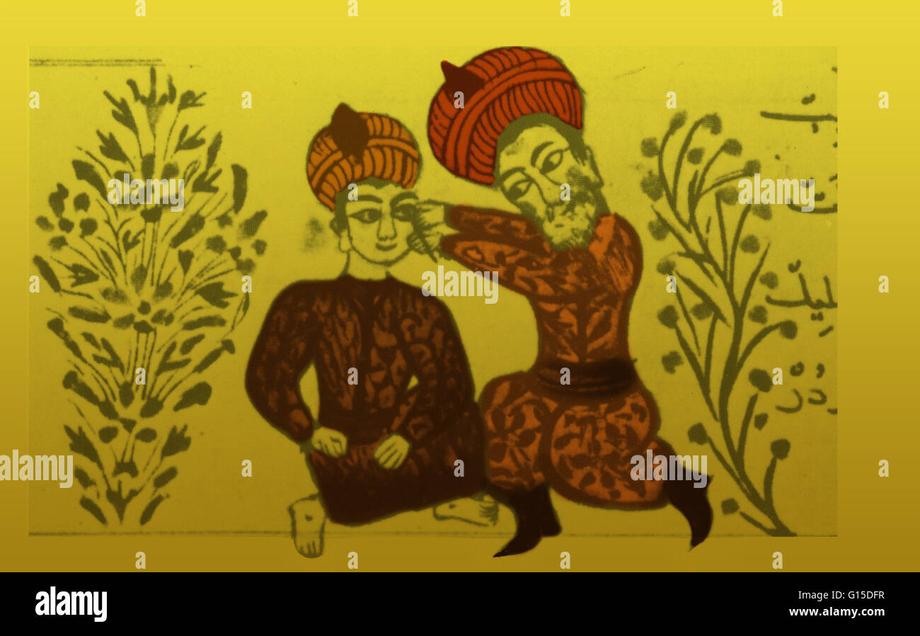 Medico arabo mostrato eseguendo antico tipo di operazione di cataratta chiamato adagiandosi, spostando la lente opaca giù dalla linea di visione. Foto Stock