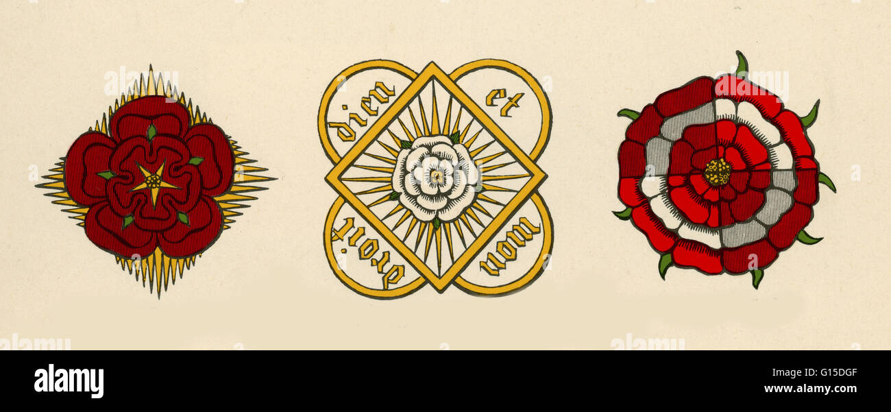 La Rosa Rossa di Lancaster, la Rosa Bianca di York e il rosso e bianco Regno rosa dei Tudor, da Parker's Annales d'Inghilterra, Oxford, 1855-57. Foto Stock