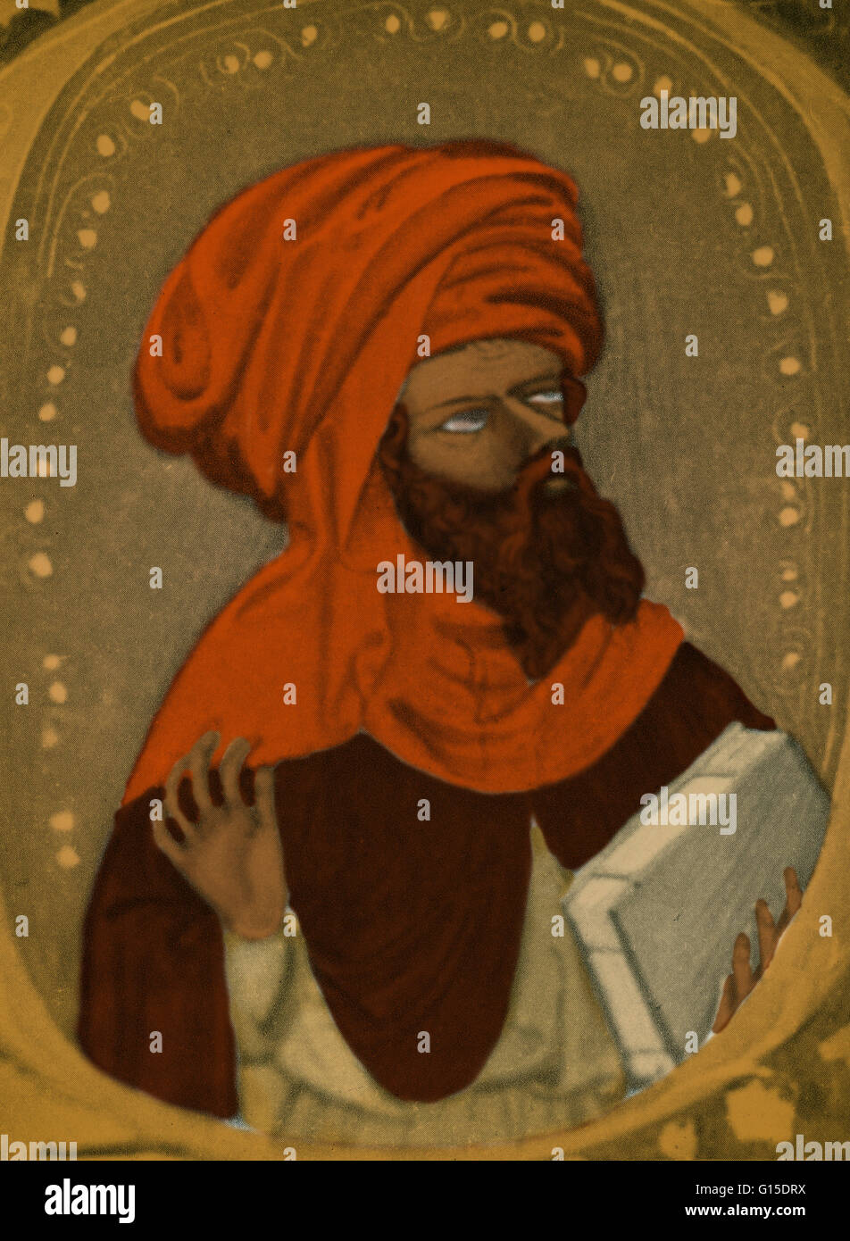 Abu-l-Walid Muhammad bin "Ahmad bin Rusd o dal suo nome latinizzato di Averroè (14 Aprile 1126 - 10 dicembre 1198) era un Al-Andalus polymath musulmano, un Master in filosofia aristotelica, filosofia islamica, teologia islamica, Maliki diritto e giurisprudenza, log Foto Stock