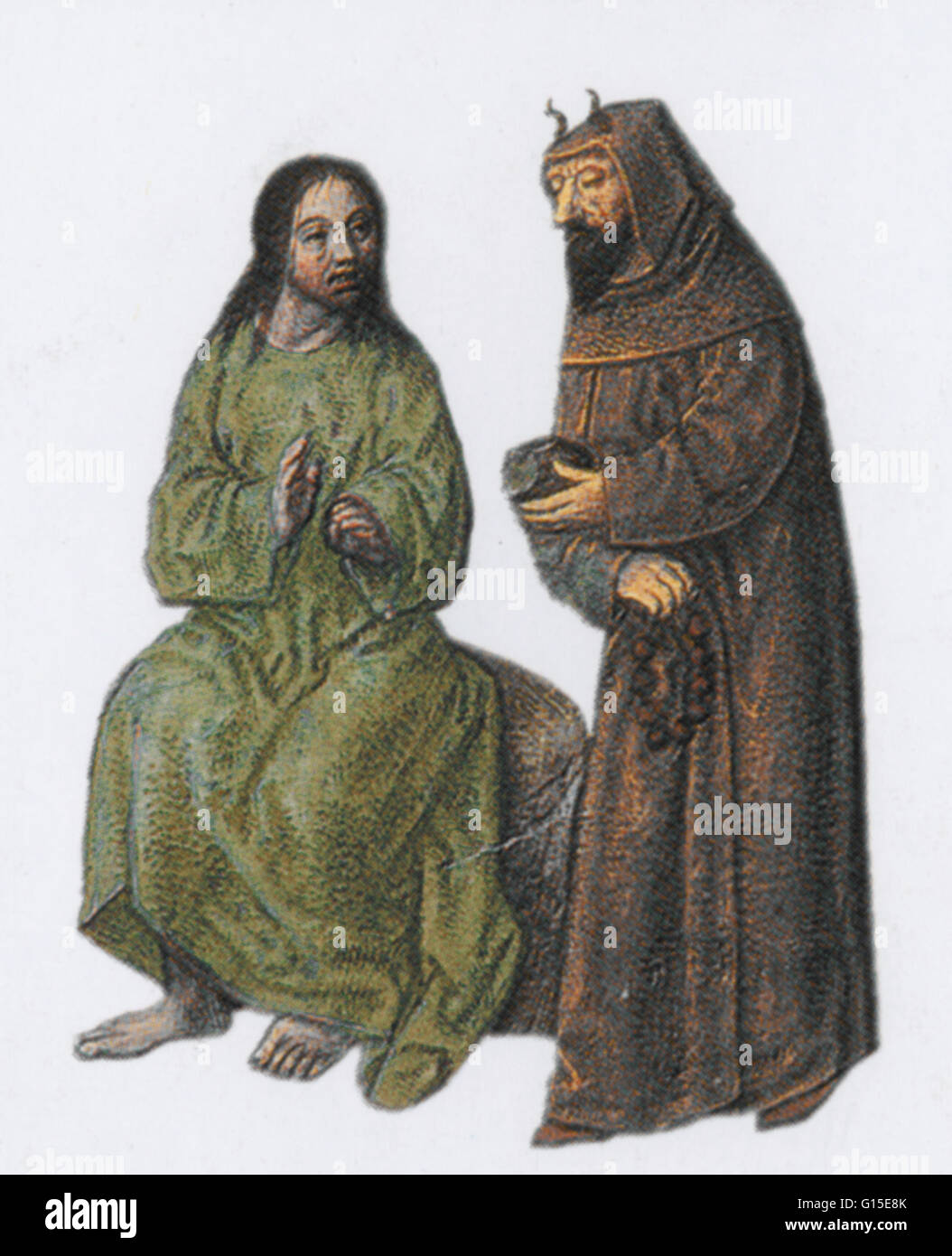 Come la chiesa di sculture e le finestre di vetro macchiate, mistero riproduce erano un buon modo di insegnare la Bibbia storie di gente comune che non è in grado di leggere o scrivere.In questa scena, il diavolo è visto la tentazione di Gesù nel deserto. Ogni sezione di un mistero play era mo Foto Stock