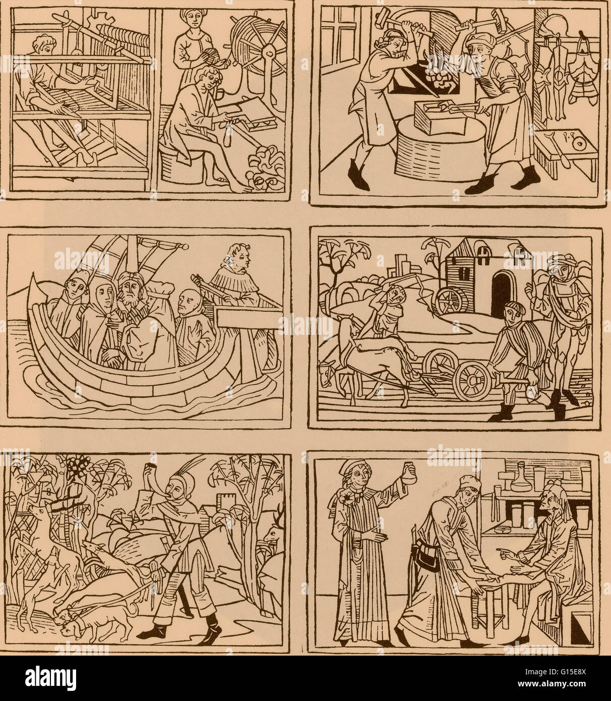 Sei arti meccaniche: tessile, Lavoro, metallurgici, navigazione, Agricoltura, caccia e medicina. c.1475 da Rodericus Zamorensis, Speculum Humanae Vitae. Foto Stock