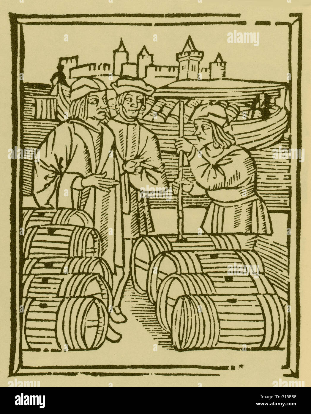 Scene di un commercio: commerciante di vino. Xilografie, 1500/01, da Les Ordonnances de paris. Foto Stock