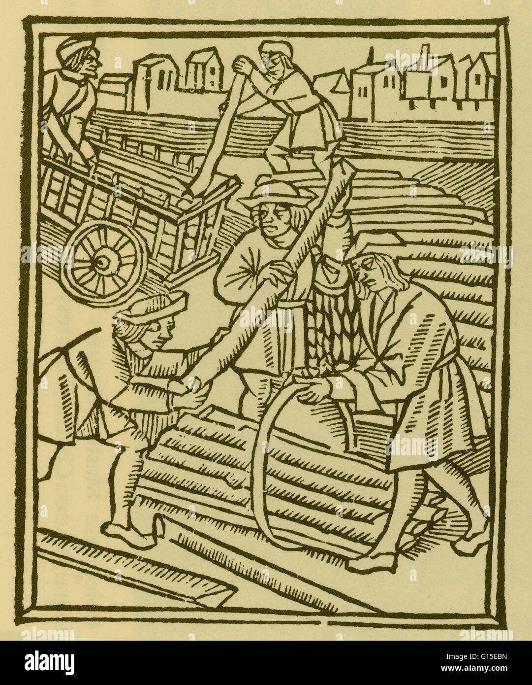 Scene da un commercio: i trasportatori di legname. Xilografie, 1500/01, da Les Ordonnances de paris. Foto Stock
