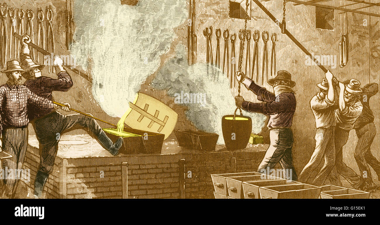 Una illustrazione di Frank Leslie Giornale Illustrato, 20 aprile 1878, raffiguranti gli operai nel saggio office stampaggio lingotti fusi in barre. A volte il Comstock mills ha cercato di impedire il furto tramite la produzione di argento nel bar così grande che nessuno uomo Foto Stock