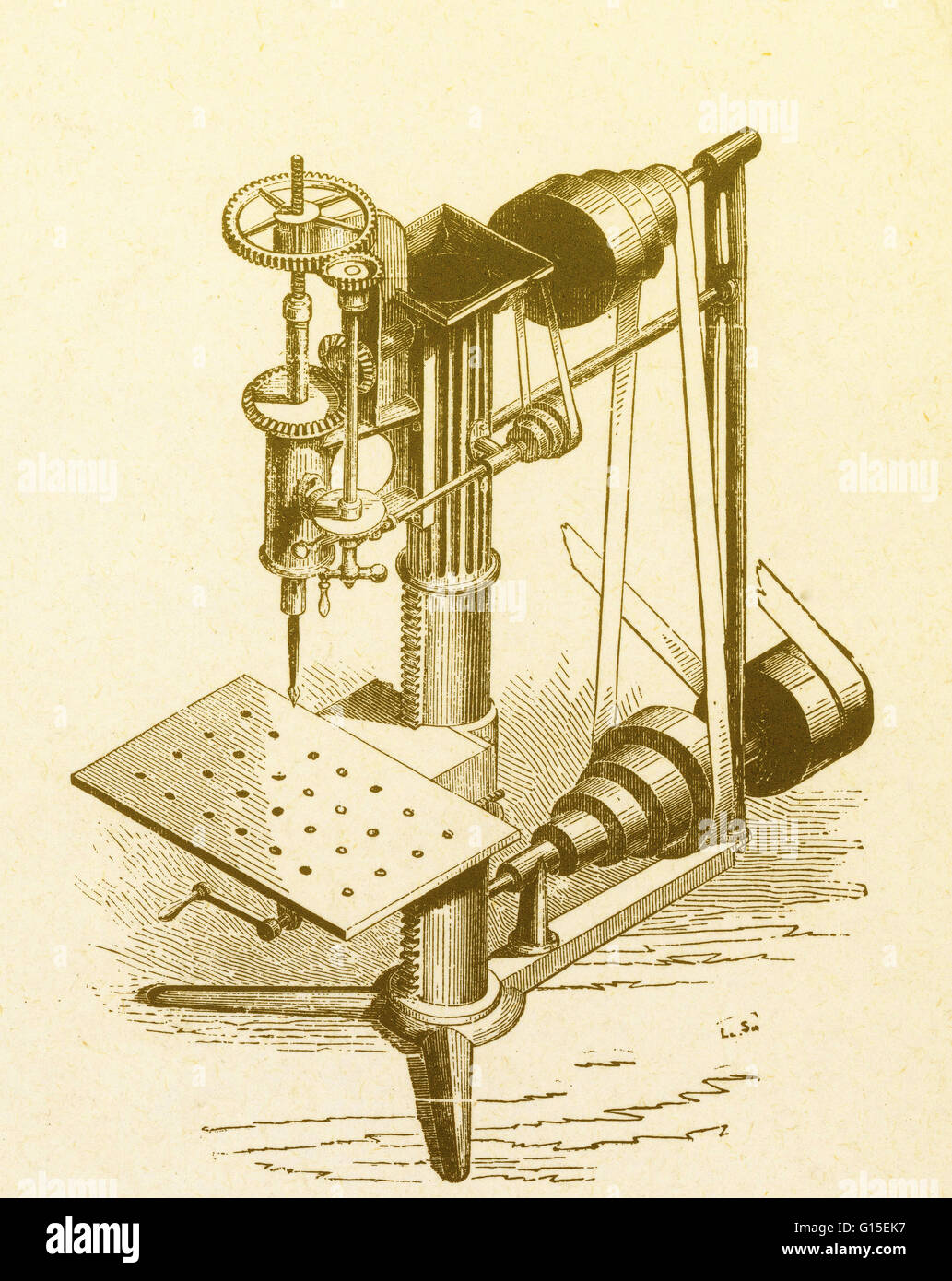 Un power-driven seminatrice di precisione premere del tipo utilizzato da Eli Whitney per rendere intercambiabili le parti della pistola, un trapano verticale (noto anche come un piedistallo del trapano, pilastro del trapano, o banco trapano) è un determinato stile di trapano che può essere montato su un piedistallo o imbullonati alla Foto Stock