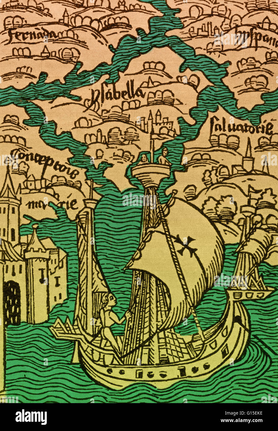 Le isole scoperte da Colombo, dall'edizione illustrata del Columbus lettera a Gabriel Sanchez, pubblicata a Basilea un anno dopo il primo viaggio nel 1492. Foto Stock
