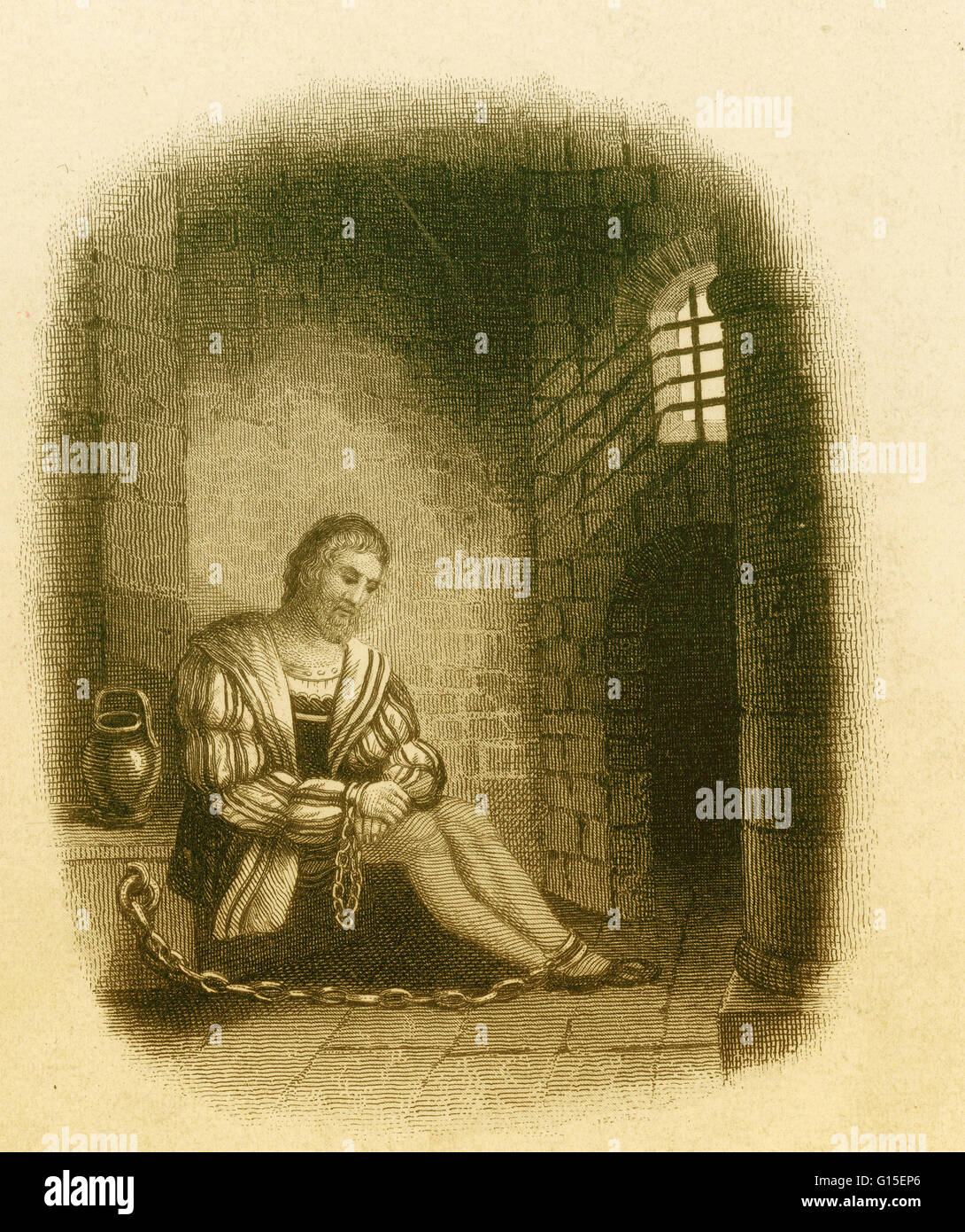 Columbus in prigione per accuse di tirannia, incompetenza, e brutalità. Egli e i suoi fratelli attardato in carcere per sei settimane prima occupato il Re Ferdinando ha ordinato il loro rilascio. Cristoforo Colombo (Ottobre 30 o 31, 1451 - 20 Maggio 1506) Italiano explorer, Foto Stock
