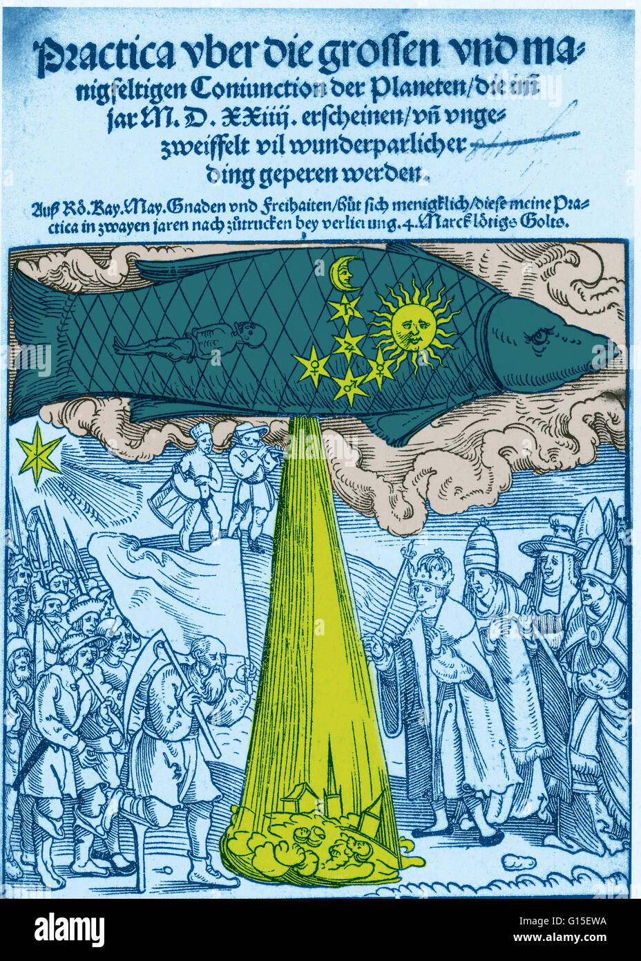 La predetta inondazioni del 1524, inizio del XVI secolo. Un grande pesce è il cielo in rappresentanza di pesci. Un diluvio si riversa da esso spazza via un piccolo gruppo di case e le persone. Il clero e un re raccogliere a destra e a sinistra sono una folla di uomini che trasportano t Foto Stock