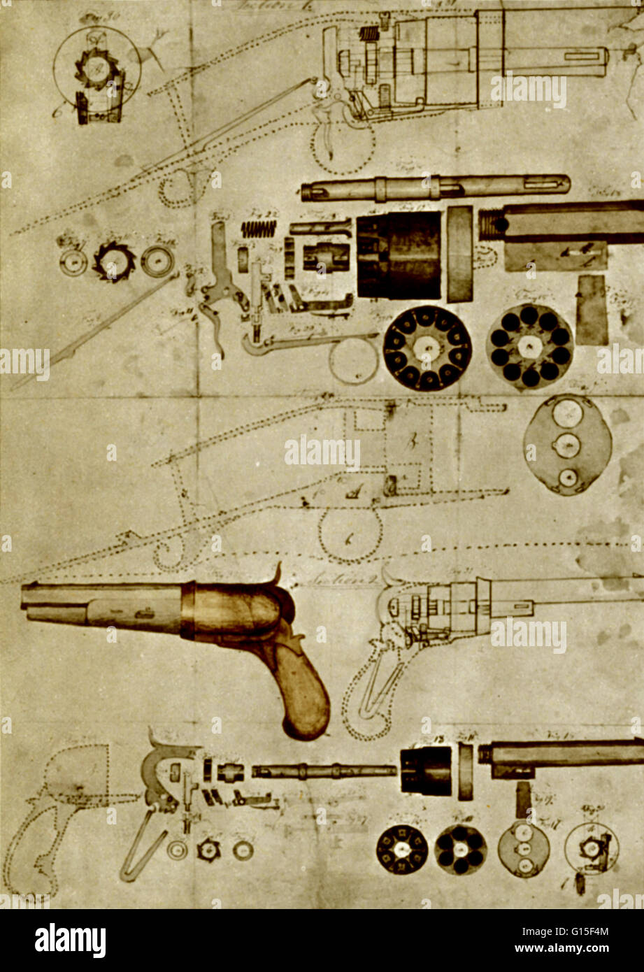 Come Samuel Colt originariamente previste ripetendo la sua pistola nel disegno di brevetto di cui sopra, è stato di avere camere per 10 cartucce. Altre modifiche, compreso il sollevamento del calibro da 34 a .44, sono stati suggeriti da un Texas Ranger, Sam Walker. Foto Stock