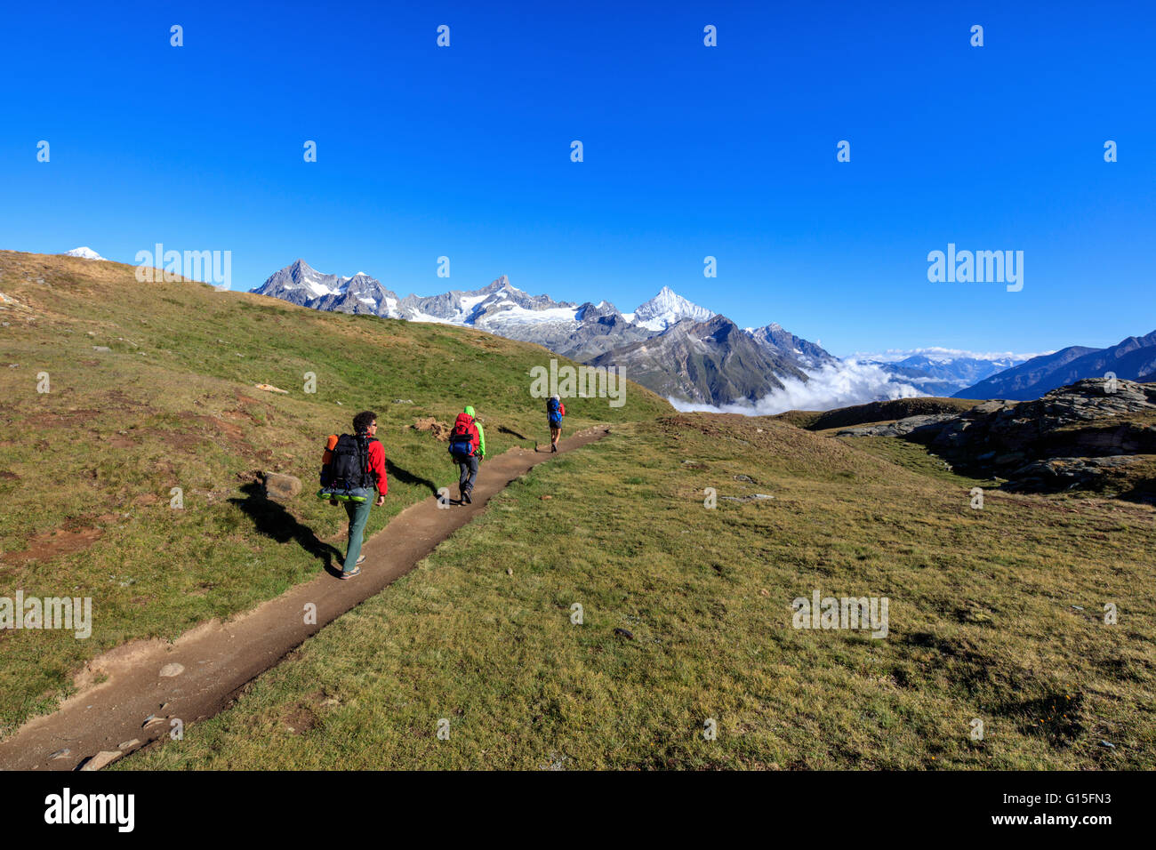 Gli escursionisti su un sentiero di montagna procedere verso le cime più alte in una chiara giornata estiva, Gornergrat, Canton Vallese, Svizzera Foto Stock