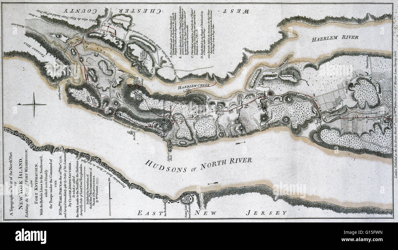 Una mappa topografica della parte nord di New York isola, che mostra il piano di Fort Washington, ora Fort Knyphausen da Claude Joseph Sauthier. Novembre 16th, 1776. Quattro attentati sono illustrate come segue: a) il primo attacco sotto generale Knyphausen, B) secondo a Foto Stock