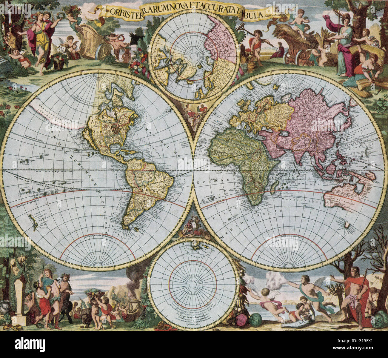 Mappa mondo da Schenck del Atlante Contractus, creato da Gerard e Leonard Valk, 1690. La mappa viene mostrato come una proiezione Fournier, il più comune della giornata, con separata grafici polari. La mappa mostra la misura contemporanea di esplorazione e alcune delle sue er Foto Stock