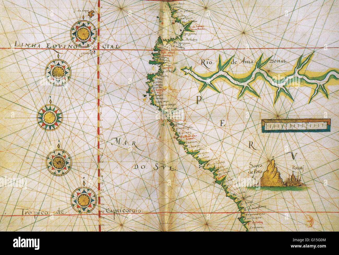 Atlas del Perù coste su carta pergamena dal 1630. Foto Stock