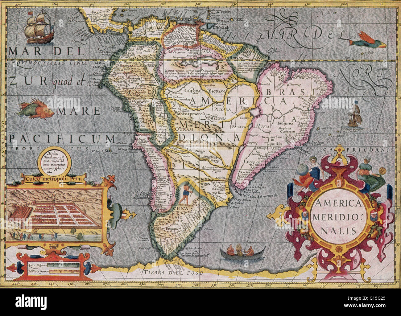 Sud Americana mappa dalla proiezione di Mercatore-hondius Atlas, 1606. Foto Stock