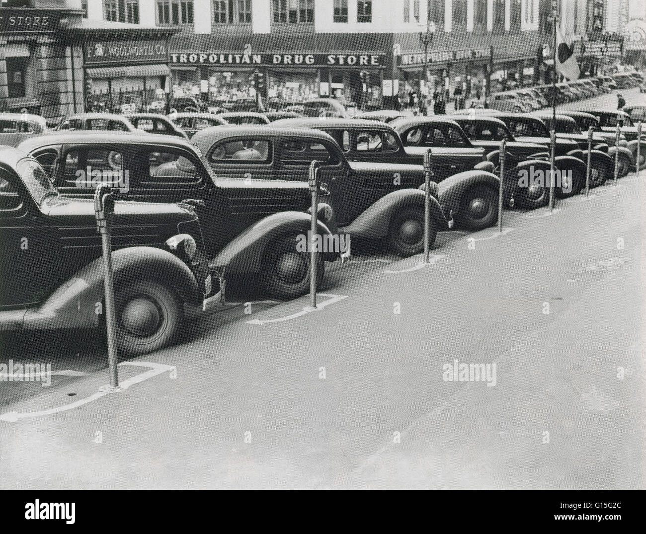 Auto al parcheggio di metri nel Nebraska, 1938. Foto Stock