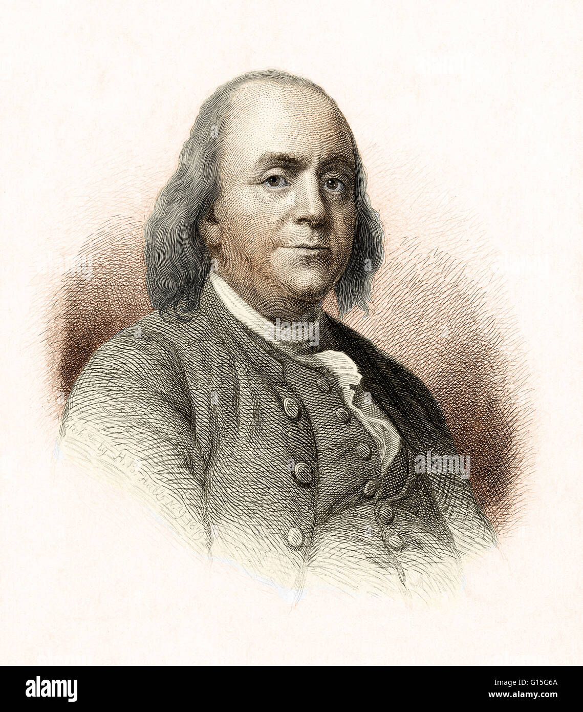 Benjamin Franklin. Attacco mediante H. B. Hall, 1879. Benjamin Franklin (1706-1790) è stato uno dei padri fondatori degli Stati Uniti. Franklin era un autore, una stampante, un teorico politico, politico, postmaster, scienziato, musicista, inventore, Satiro, civico Foto Stock