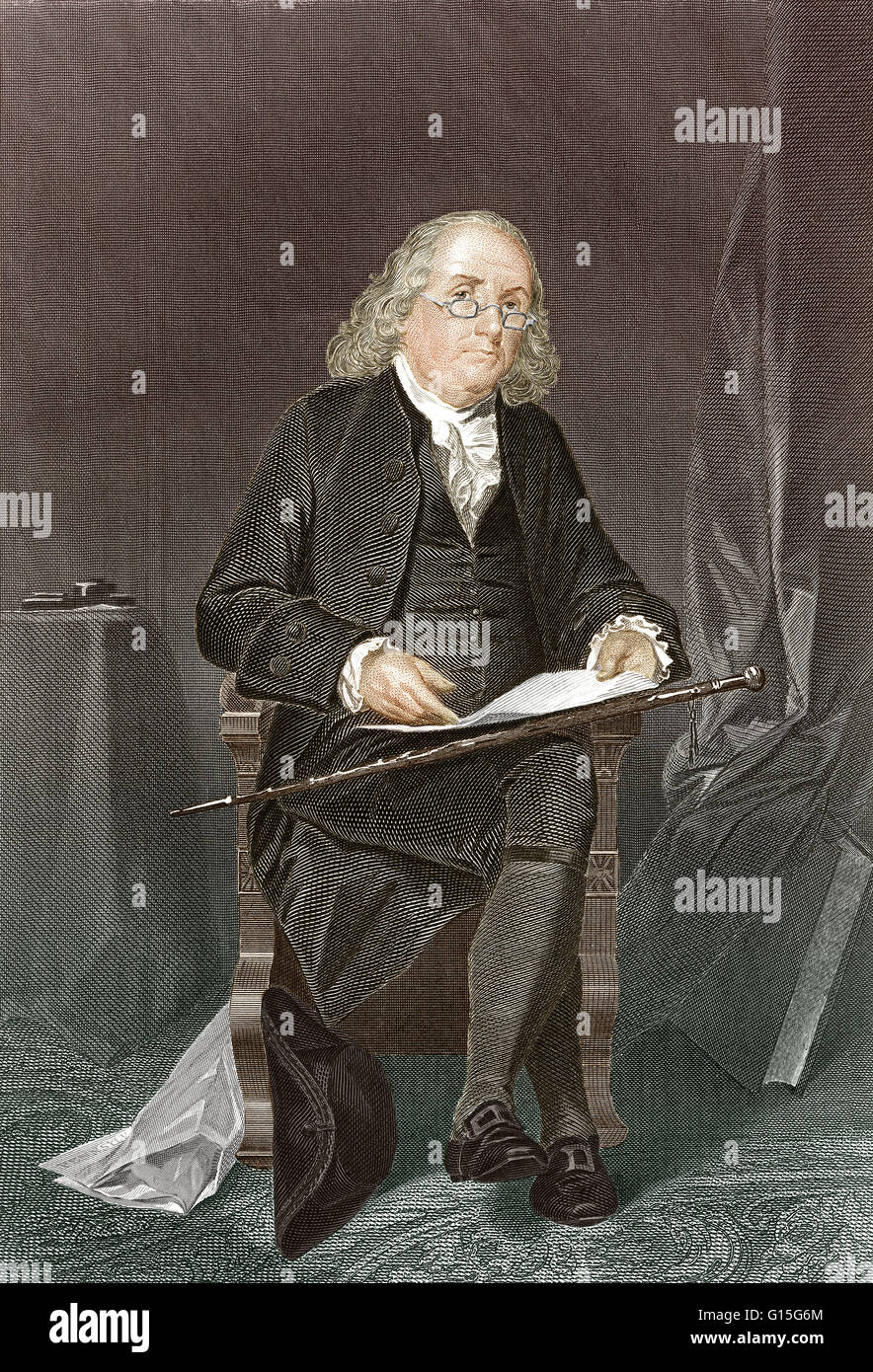 Benjamin Franklin dal dipinto originale di Chappel, 1862. Benjamin Franklin (1706-1790) è stato uno dei padri fondatori degli Stati Uniti. Franklin era un autore, una stampante, un teorico politico, politico, postmaster, scienziato, musicista, inventore Foto Stock
