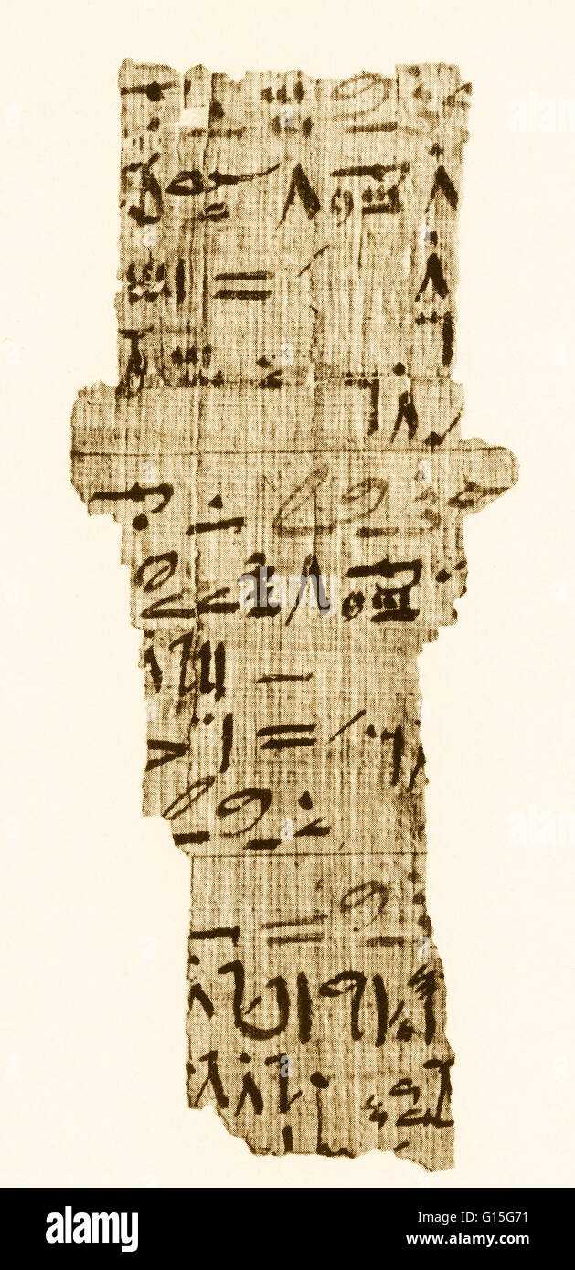 Il papiro Rhind, noto anche come il papiro Ahmes, risalente a circa il 1650 A.C. in Egitto, è una delle prime registrazioni di matematica per essere trovato su un foglio di carta-come sostanza. È un frammento di un libro di riferimento delle attività quotidiane di matematica usato dagli antichi Egypti Foto Stock
