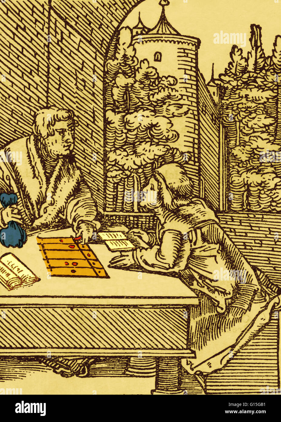 Incisione storico dal 1523 raffigurante un professore utilizzando una scheda di calcolo e pietre per mostrare uno studente come fare aritmetica. Pubblicato a Basilea da A. Petri, 1523. Foto Stock