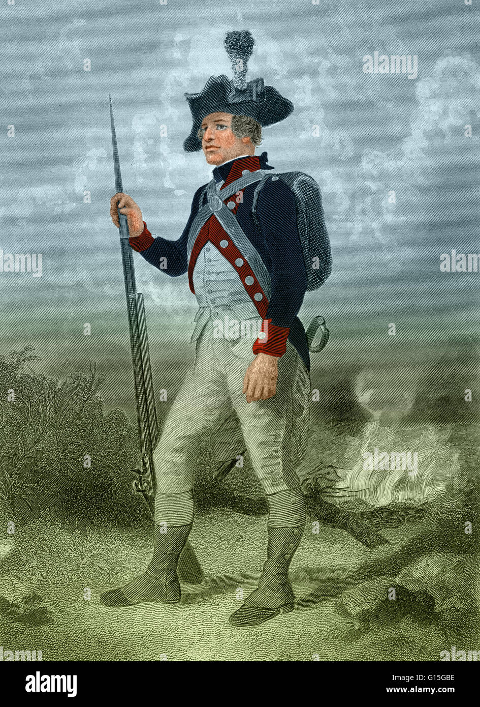 American Continental soldato, c. 1775. Incisi da John C. McRae da un dipinto di Alonzo Chappel (1828-1887). La American esercito continentale è stata formata dopo lo scoppio della guerra rivoluzionaria americana dai tredici colonie americane. George lavare Foto Stock