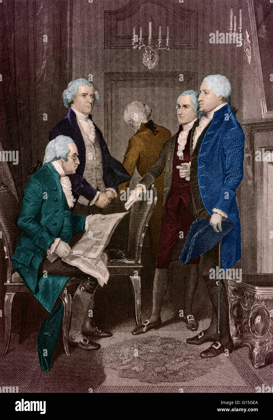La prima amministrazione presidenziale in 1789. Da sinistra a destra il segretario della guerra Henry Knox il Segretario di Stato Thomas Jefferson Segretario del Tesoro Alexander Hamilton e il Preside...