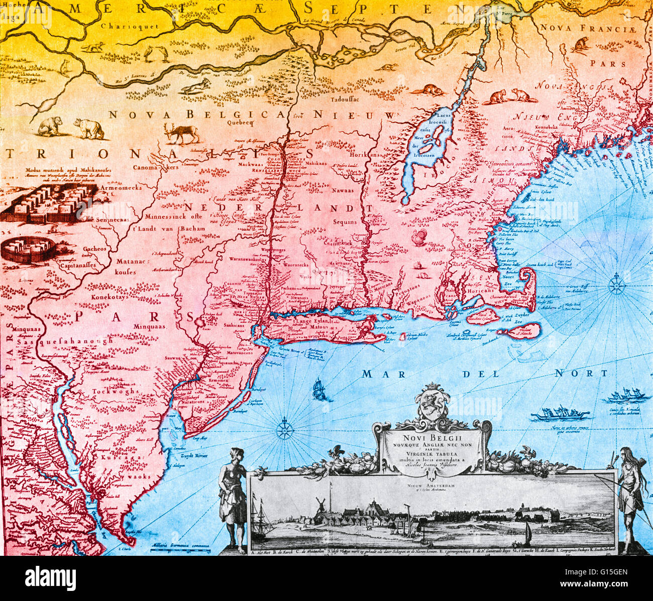 Il Jansson-Visscher mappa di nuovo in Olanda con e illustrazione di New Amsterdam nell'angolo inferiore destro. In primo luogo pubblicato in 1650. Foto Stock
