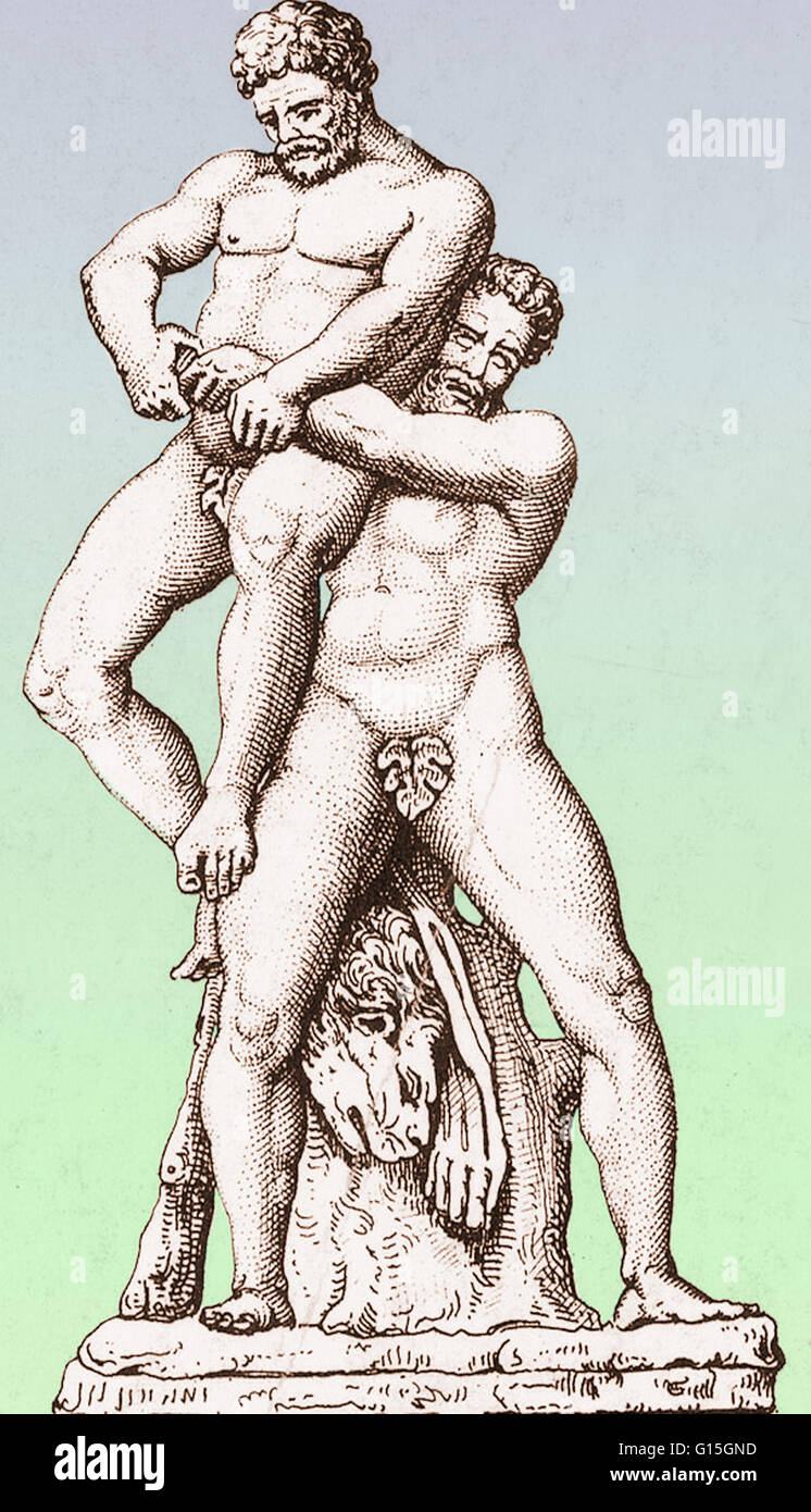 Il Greco figure mitiche di Eracle e Anteo in combattimento. Antaeus era imbattibile finché egli è rimasto in contatto con il terreno in modo Hercules lui sollevata dal suolo, deafeating lui in una bearhug. Foto Stock