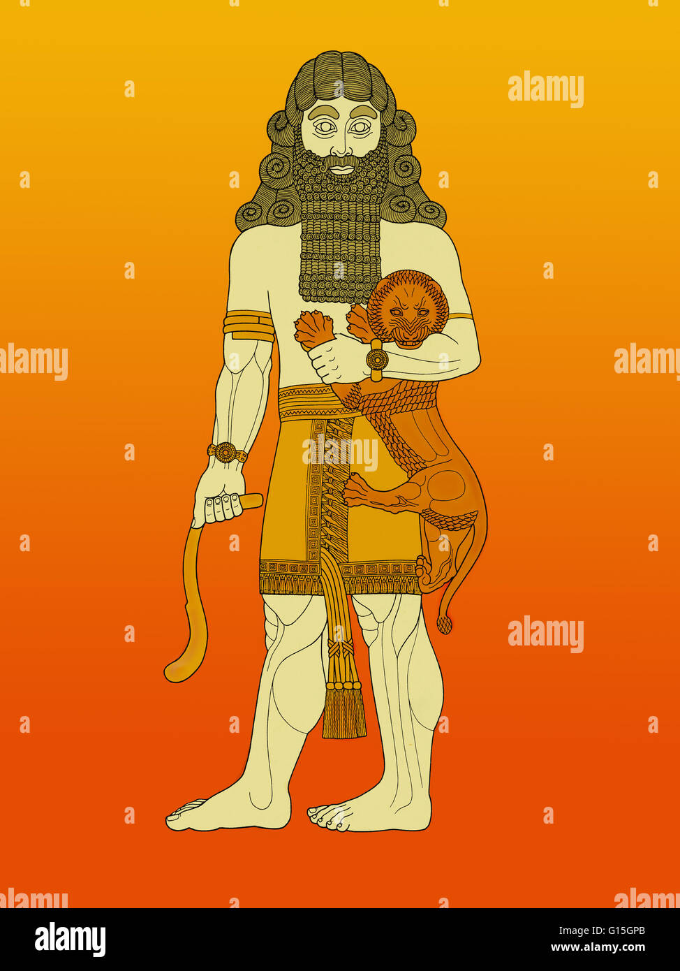 Una figura di un eroe addomesticare un leone, storicamente presi da una rappresentazione di Gilgamesh, re della antica città sumera Uruk, e considerato un semidio nella mitologia della Mesopotamia. Immagine derivata da un ottavo secolo a.c. sollievo dall'Assiria presente-d Foto Stock