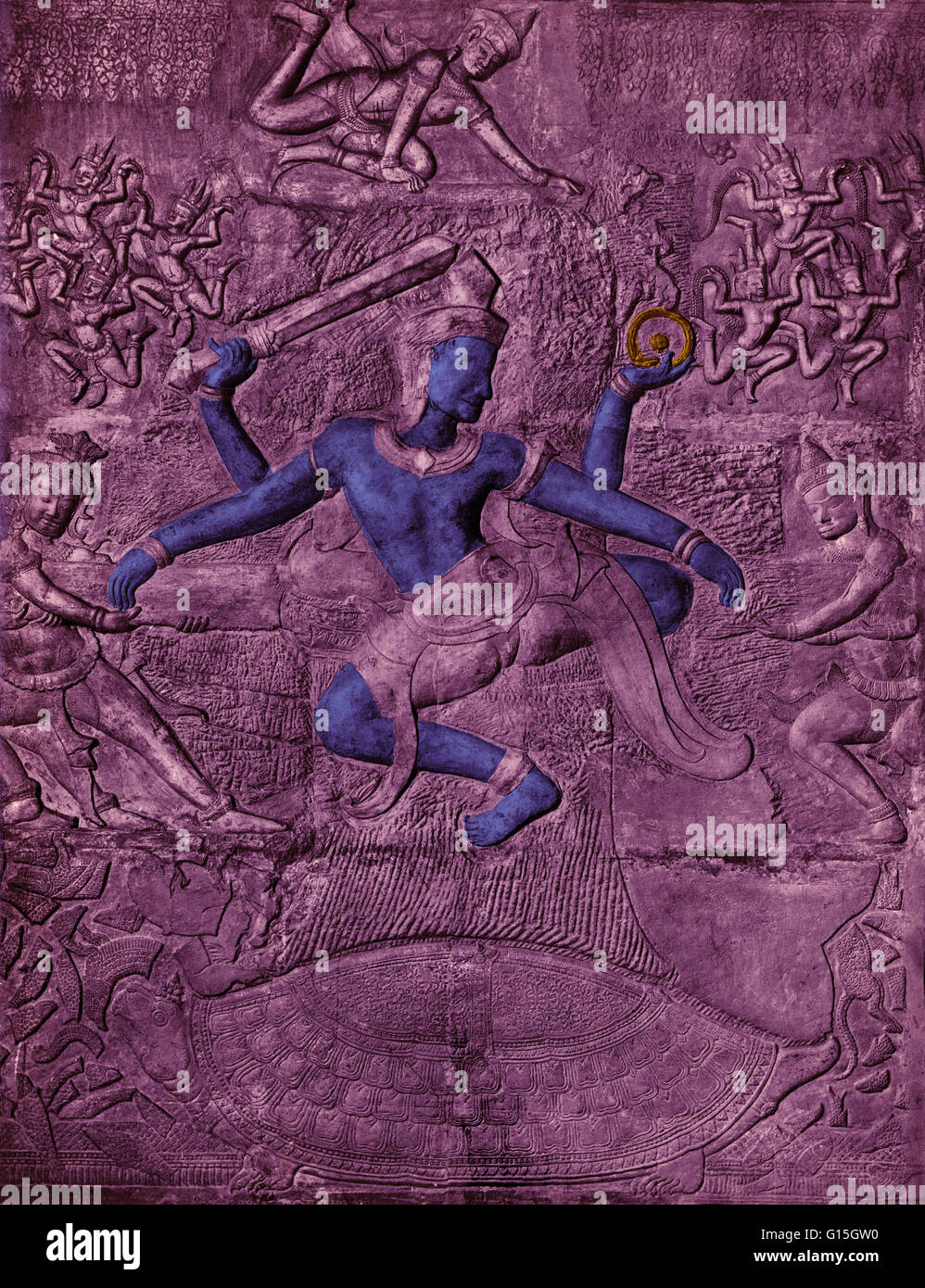 Vishnu riceve liquido di immortalità dal medico Dhanvantari. Bassorilievo. A Angkor Wat, Cambogia. Vishnu è il guardiano dell'universo di Trimurti indù. Egli è un essere onnisciente con i poteri per supportare tutte le cose con la sua mente e rendere l'impo Foto Stock Vishnu riceve liquido di immortalità dal medico Dhanvantari. Bassorilievo. A Angkor Wat, Cambogia. Vishnu è il guardiano dell'universo di Trimurti indù. Egli è un essere onnisciente con i poteri per supportare tutte le cose con la sua mente e rendere l'impo Foto Stock