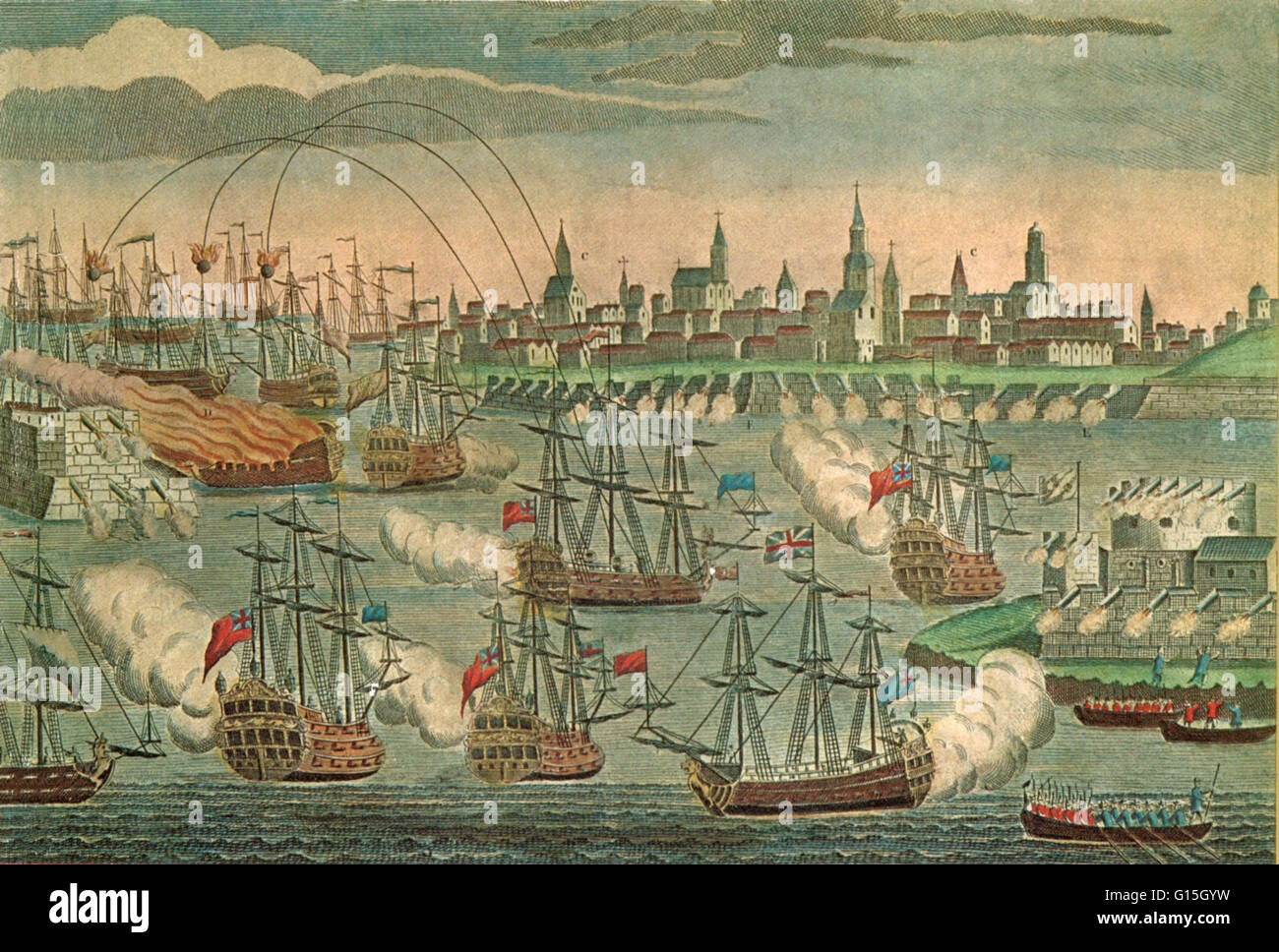 La fortezza francese di Louisbourg cade a British, luglio 1758. L'Assedio di Louisbourg è stata una battaglia di imperniamento della Guerra dei Sette Anni, (noto negli Stati Uniti come la guerra di indiano e francese), che si è concluso il francese era coloniale nel Canada atlantico e Foto Stock