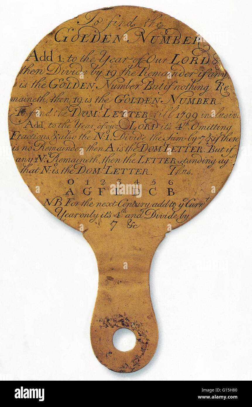 Xviii secolo calandra perpetua fornisce la data della Pasqua ogni anno o in Julian o calendario gregoriano. Il retro del calendario dà istruzioni per trovare la data della Pasqua. Il calendario gregoriano (Western calendario calendario cristiano) è il Foto Stock