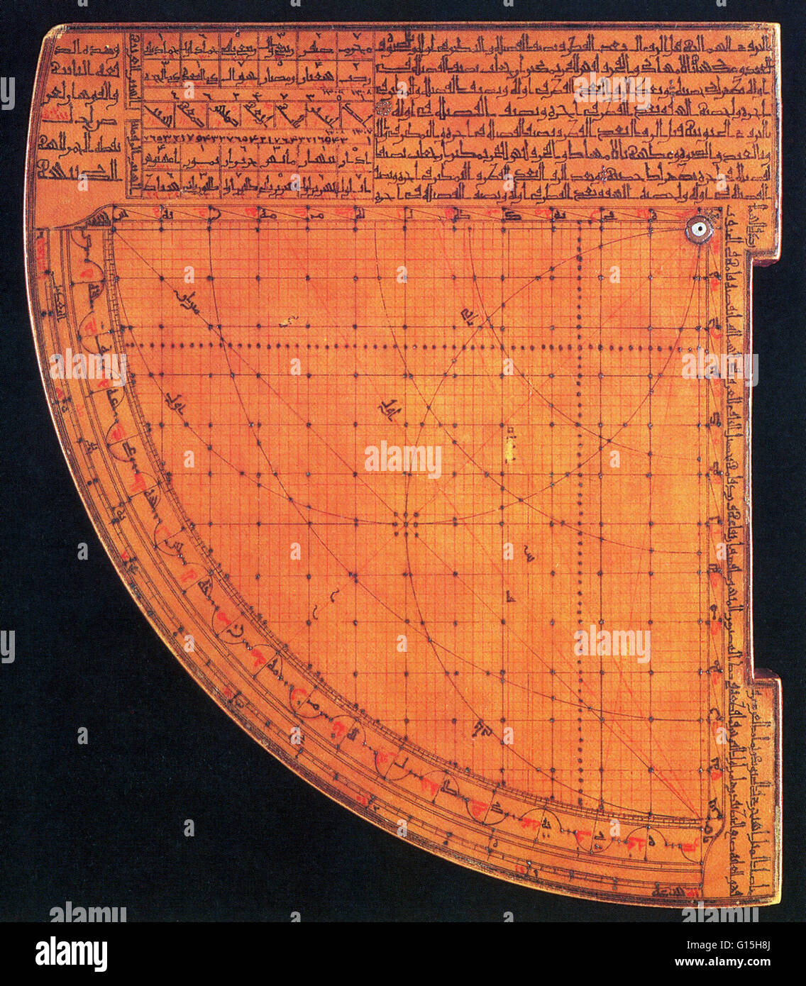 Astrolabio quadrante da Damasco da Muhammad al-Sakasi al-Jarkasi (fruitwood coperte da carta laccata). Diverse forme di quadranti sono state inventate dai musulmani. Ottone astrolabi furono sviluppati in gran parte del mondo islamico, principalmente come un aiuto per trovare la q Foto Stock