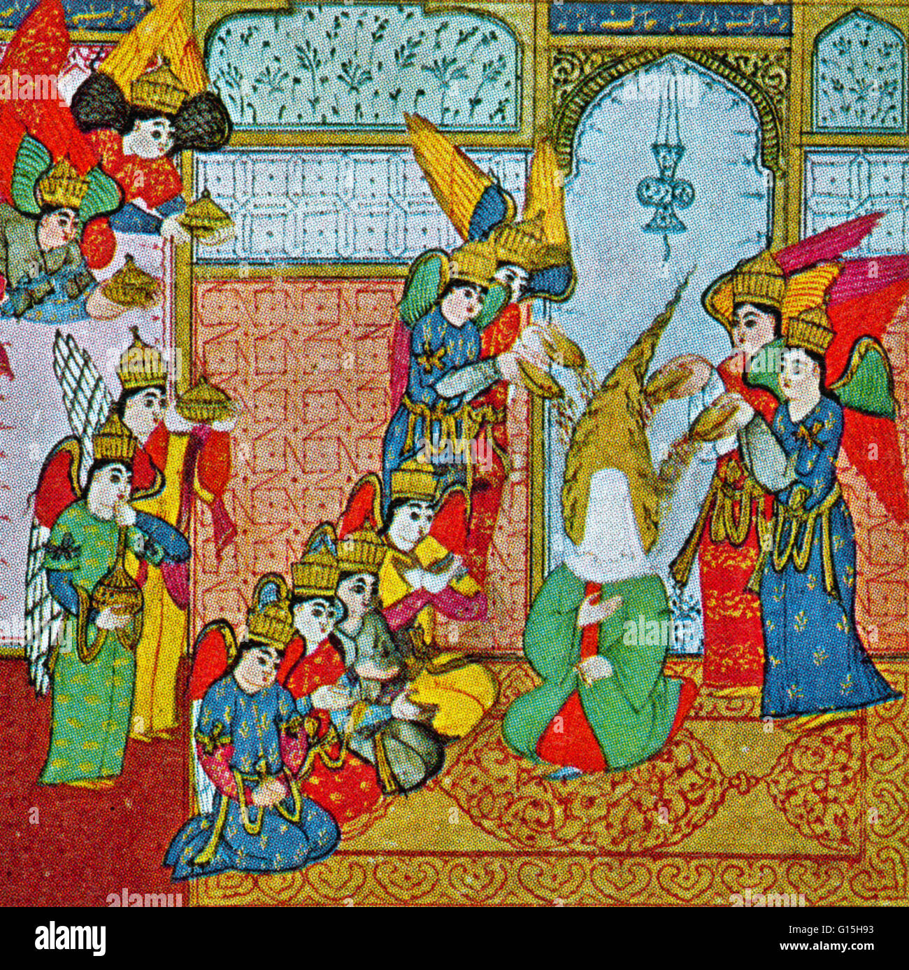 Una miniatura persiano preso dal Siyer-i Nebi turco è un epic circa la vita di Muhammad, completata intorno al 1388. Il righello Ottomano Murad III ha commissionato un sontuoso illustrato copia del lavoro. Il calligrafo Lutfi Abdullah ha completato il lavoro nel 1595 Foto Stock