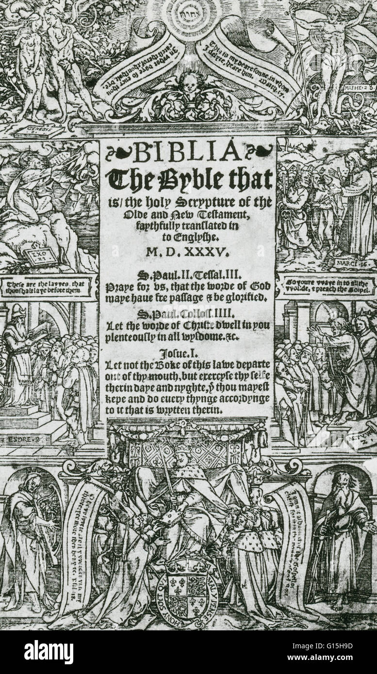 Pagina del titolo dalla Bibbia Coverdale, compilata da Myles Coverdale e pubblicato nel 1535, è stata la prima moderna e completa la traduzione in inglese della bibbia (non solo il Vecchio Testamento o il Nuovo Testamento), e il primo stampato completo di traduzione in inglese. Foto Stock