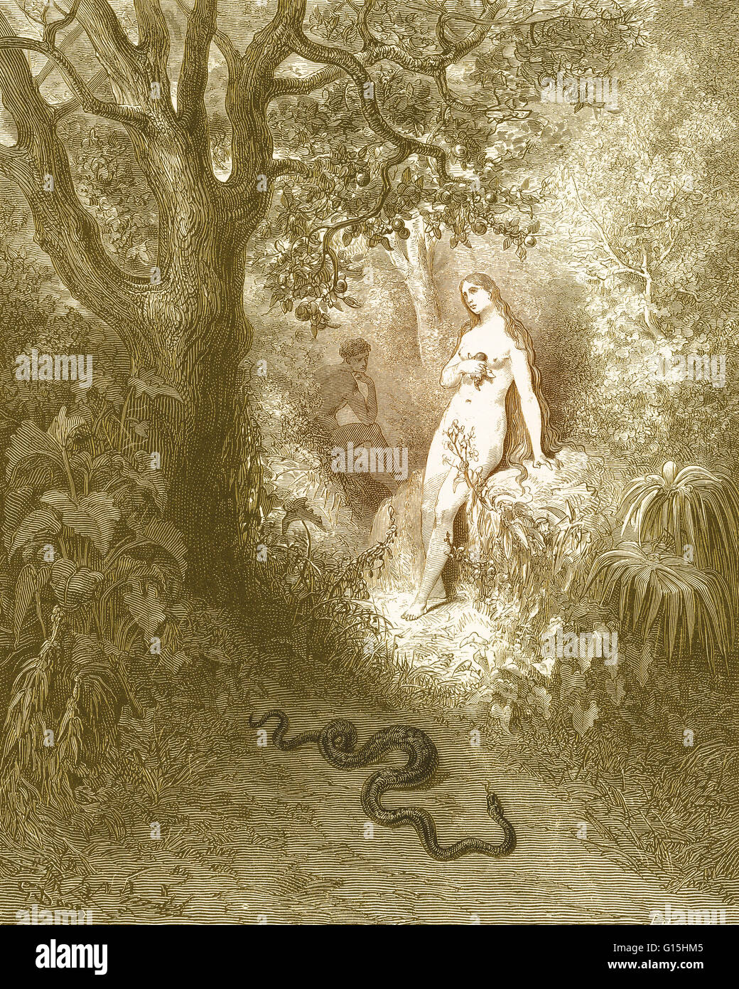 Illustrazione di Adamo ed Eva e il serpente da Gustave Dore per John Milton il paradiso perduto, Libro 9, linee 784-85: "Torna al canneto slunk / il colpevole di serpente". Foto Stock