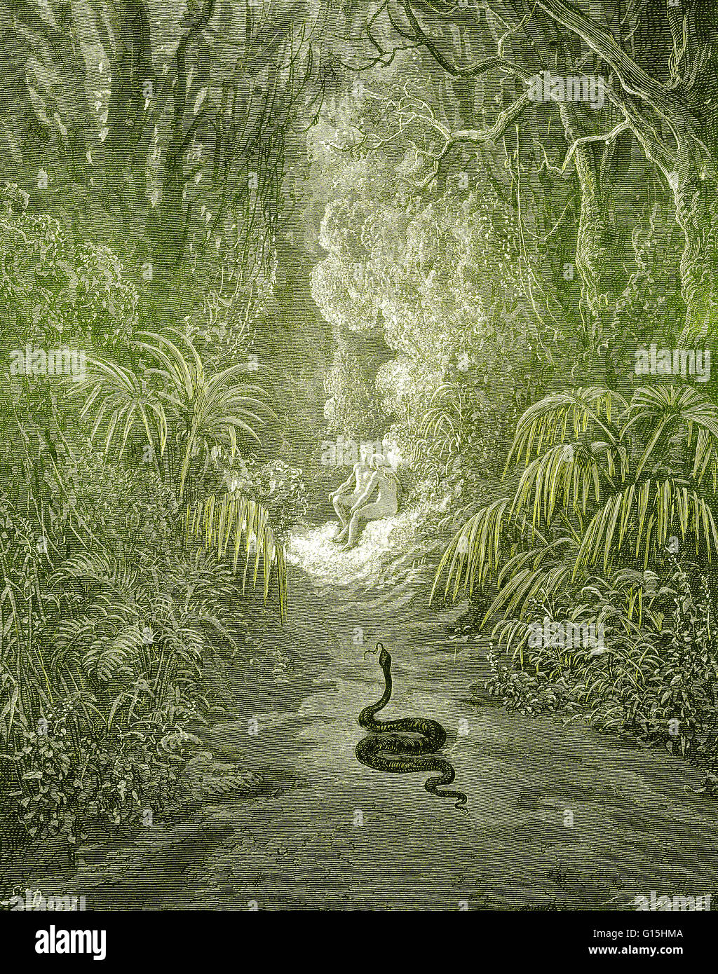 Illustrazione di Adamo ed Eva e il serpente da Gustave Dore per John Milton il paradiso perduto, Libro 9, linee 434-35. Adamo ed Eva e il serpente. 'Più vicini disegnò, e molti a piedi attraversata / di stateliest covert, cedro, pino o palm.' Foto Stock