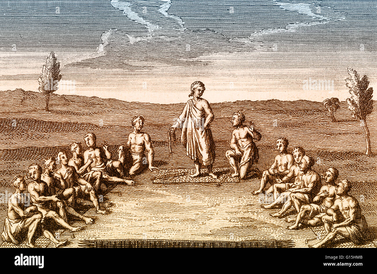 I cinque Nazione Confederazione. Incisione da Pere Joseph Francois Lafitau, 'Moeurs des sauvages ameriquains. " Parigi, 1724. La Confederazione è stato un politico e civico organizzazione formata intorno al 1570 dai cinque Iroquois unite in quello che ora è lo Stato di New York Foto Stock