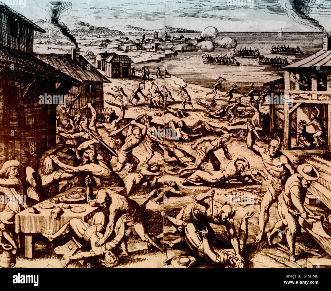 Un 1628 xilografia dal programma Matthaeus Merian pubblicata insieme con Theodore de Bry la precedente incisioni nel 1628 prenota sul Nuovo Mondo. L incisione mostra il Marzo 22, 1622 massacro quando gli Indiani Powhatan attaccato Jamestown e periferie Virginia insediamenti. Merian Foto Stock
