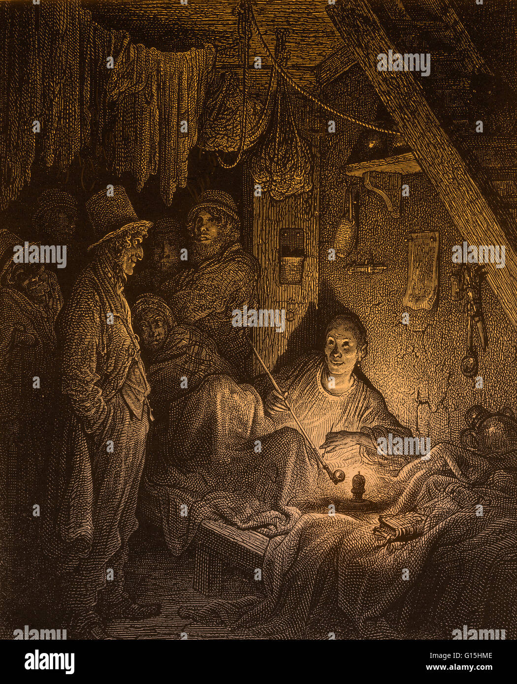 Fumatori di oppio, il Lascar la stanza in Charles Dickens 'Edwin Drood'. Incisione di Gustave Doré. L'oppio den. "Di Londra, un pellegrinaggio", da Gustave Doré e Blanchard Jerrold, Londra 1872. Foto Stock