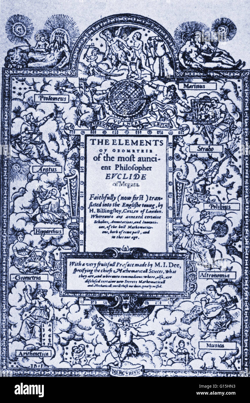 La prima edizione degli Elementi di Euclide di geometria per essere stampati in inglese (tradotto da Sir Henry Billingsley e pubblicato nel 1570) effettuato un errore di stampa sulla sua pagina del titolo. La Euclid sbagliato è stato chiamato come autore. Euclide (significato, buona gloria, 300 BC) era un Foto Stock
