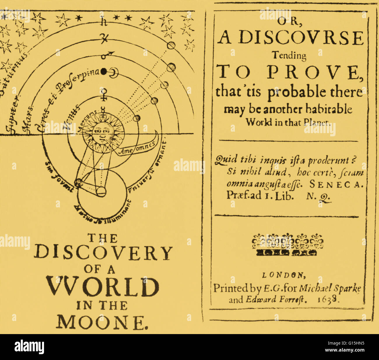 Titolo pagina del Vescovo Wilkins' la scoperta di un mondo in Moone. Questa è stata pubblicata in 1638 come un serio dibattito scientifico in cui Wilkins stabiliti per dimostrare l'abitabilità della Luna e altri mondi. Foto Stock